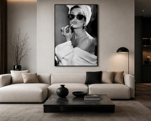 Audrey Hepburn Wall Art Framed Canvas, Black and White Glamour Print, Luxury Fashion Bathroom Decor, Old Hollywood Vanity Art
