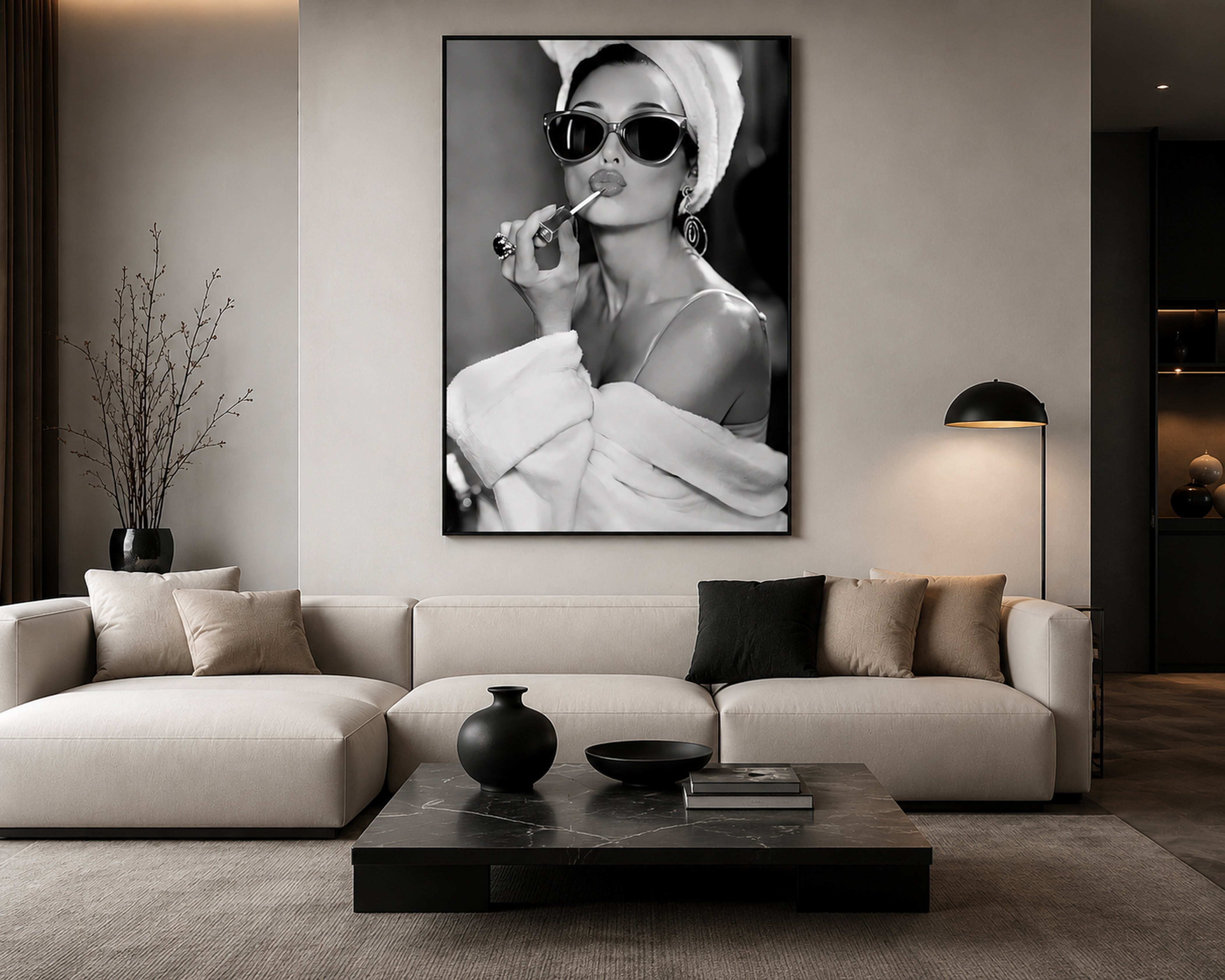 Audrey Hepburn Wall Art Framed Canvas, Black and White Glamour Print, Luxury Fashion Bathroom Decor, Old Hollywood Vanity Art