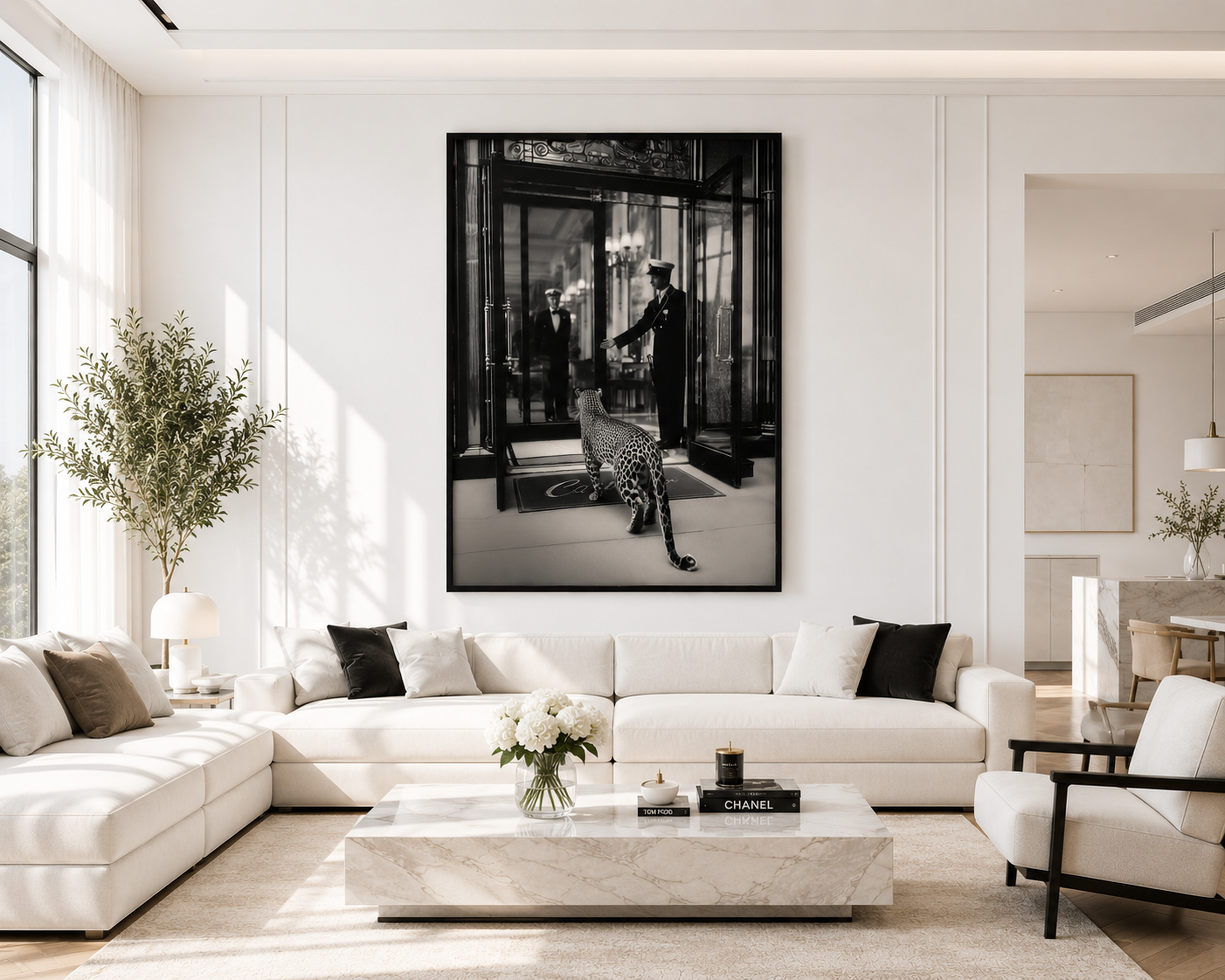Luxury Leopard Hotel Canvas Print, Black and White Leopard Wall Art, Framed Safari Canvas, Cinematic Animal Photography Decor