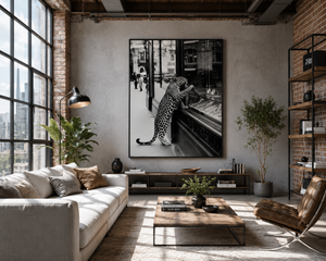 Leopard Wall Art Framed Canvas, Black and White Wildlife Photography, Luxury Fashion Street Decor, Modern Monochrome Home Artwork