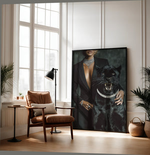 Black Panther Framed Canvas Wall Art, Luxury Fashion Portrait Print, Dark Glam Animal Decor, Modern Statement Artwork