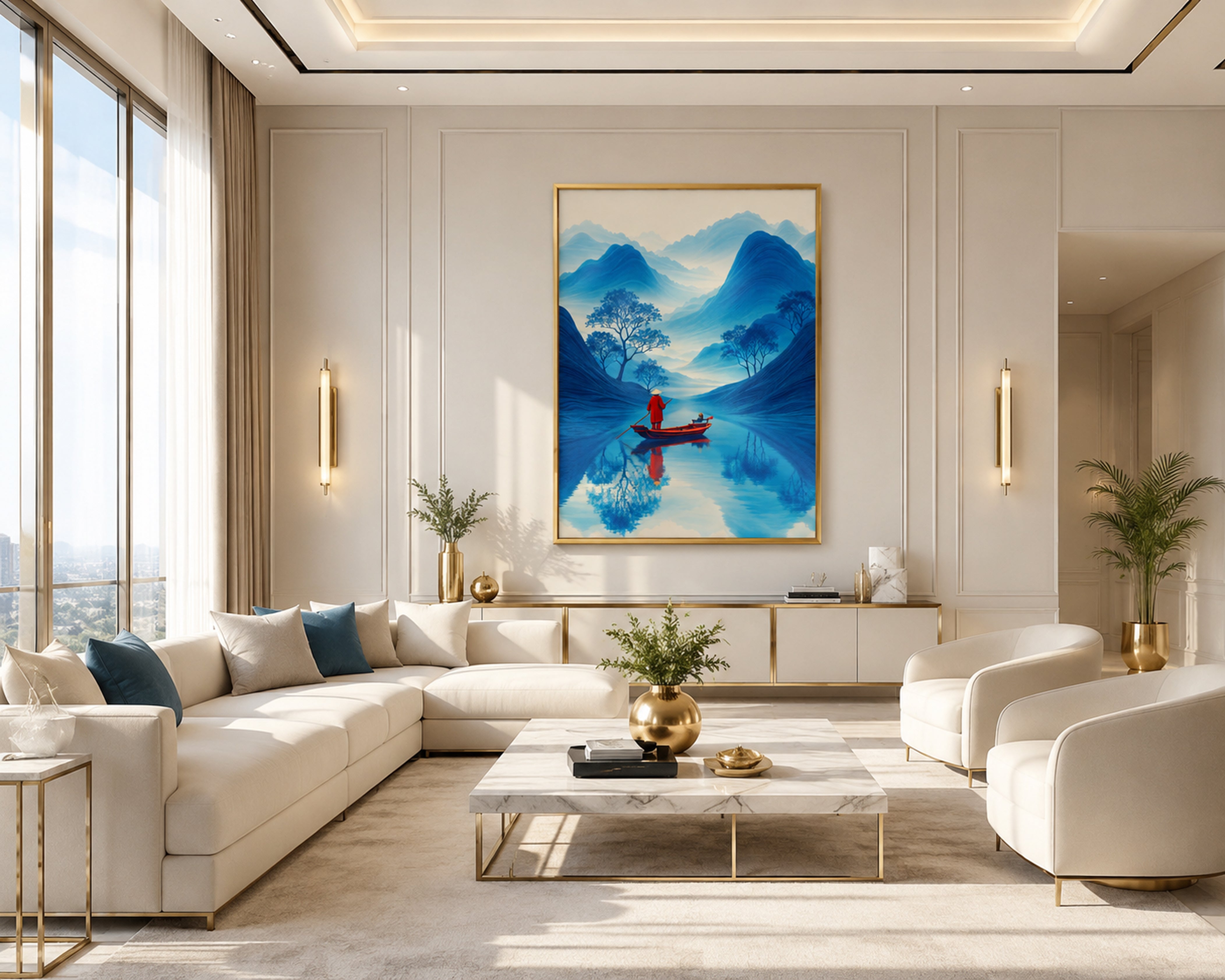 Blue Mountain Canvas Wall Art, Framed Japandi Landscape Print, Red Boat Zen Artwork, Luxury Asian Wall Decor, Modern Living Room Art