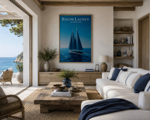 Ralph Lauren Style Sailboat Canvas Wall Art, Luxury Coastal Framed Print, Old Money Nautical Decor, Blue Yacht Poster