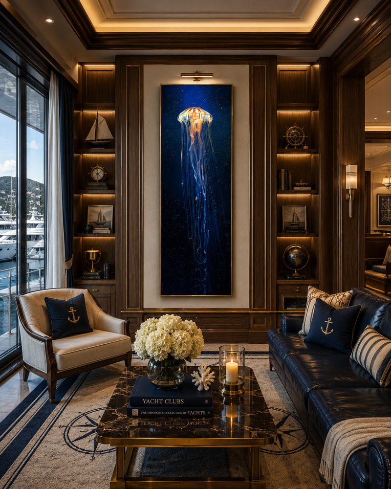 Large Jellyfish Framed Canvas Wall Art, Bioluminescent Ocean Print, Luxury Coastal Decor, Blue Underwater Sea Life Artwork