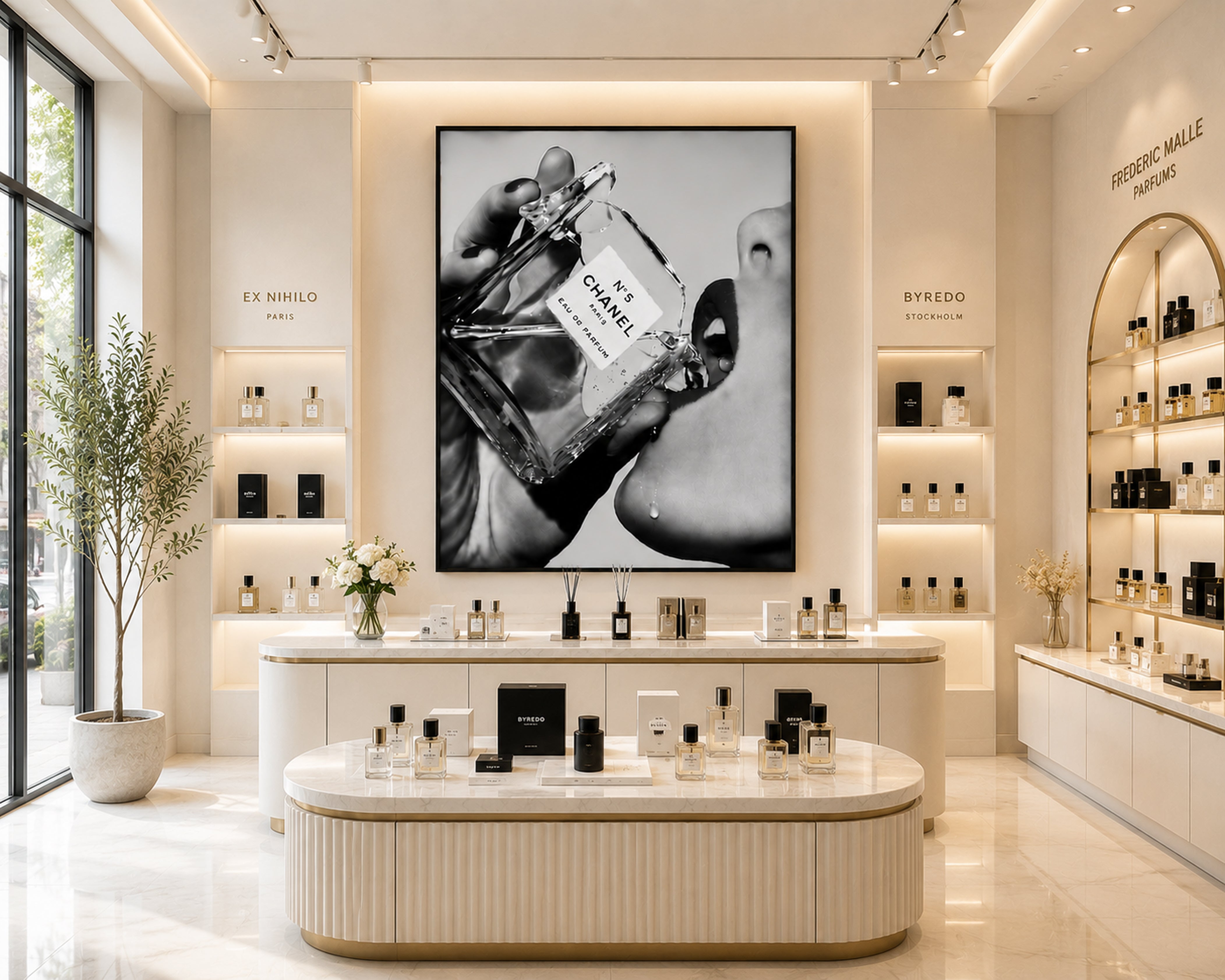 Channel Inspired Luxury Perfume Wall Art Framed Canvas, Black and White Fashion Print, Chic Vanity Bathroom Decor