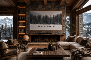 Elk Framed Canvas Wall Art, Winter Forest Wildlife Print, Rustic Lodge Decor