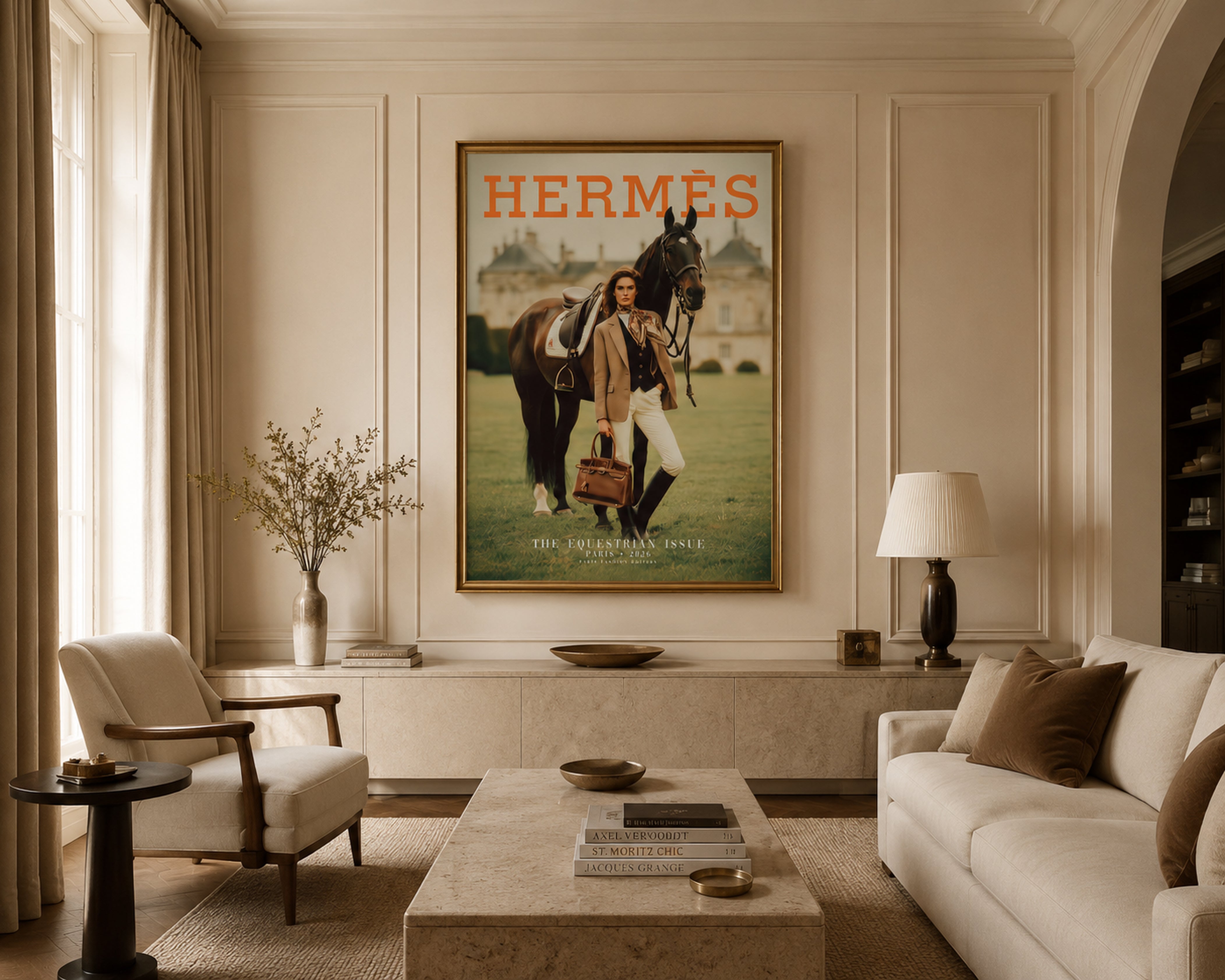 Luxury Equestrian Fashion Wall Art, Hermes Style Framed Canvas, Old Money Horse Decor, Parisian Chic Interior Artwork