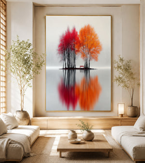 Minimalist Autumn Tree Canvas Wall Art, Framed Nature Print, Foggy Lake Reflection Artwork, Scandinavian Wall Decor, Modern Living Room Canvas