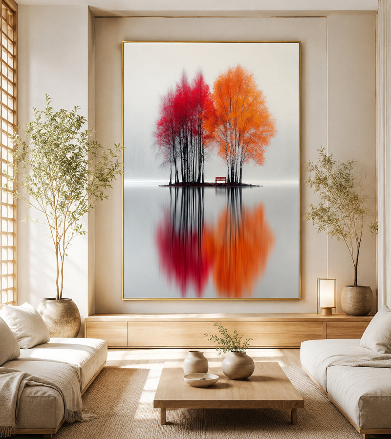 Minimalist Autumn Tree Canvas Wall Art, Framed Nature Print, Foggy Lake Reflection Artwork, Scandinavian Wall Decor, Modern Living Room Canvas