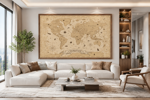 Vintage World Map Framed Canvas, Antique Map Wall Art, Old World Travel Print