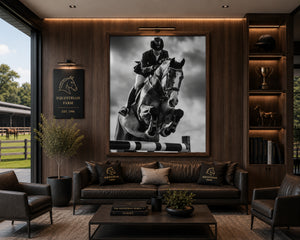 Equestrian Framed Canvas Wall Art, Black and White Horse Jumping Print, Show Jumping Photography, Luxury Horse Decor