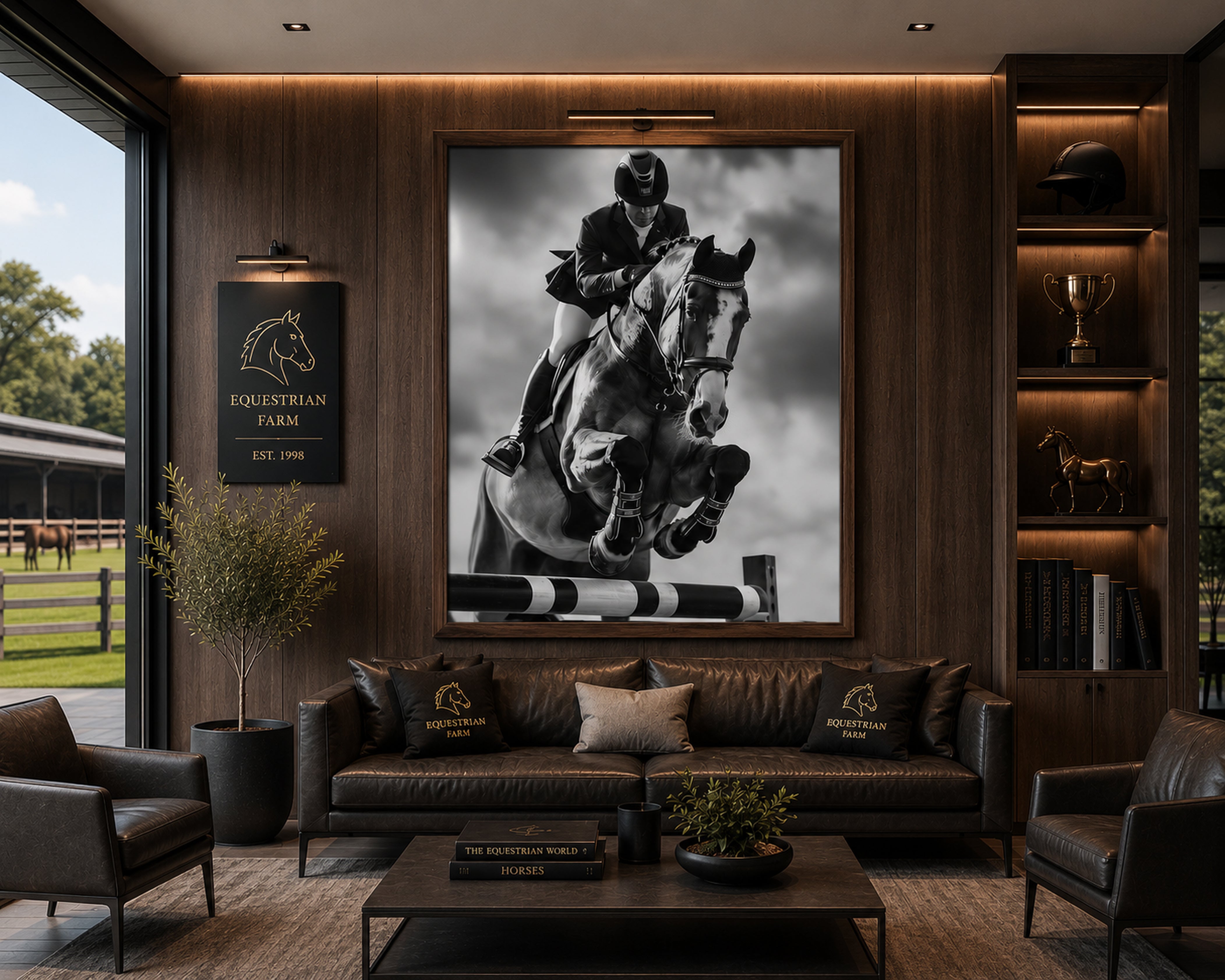 Equestrian Framed Canvas Wall Art, Black and White Horse Jumping Print, Show Jumping Photography, Luxury Horse Decor
