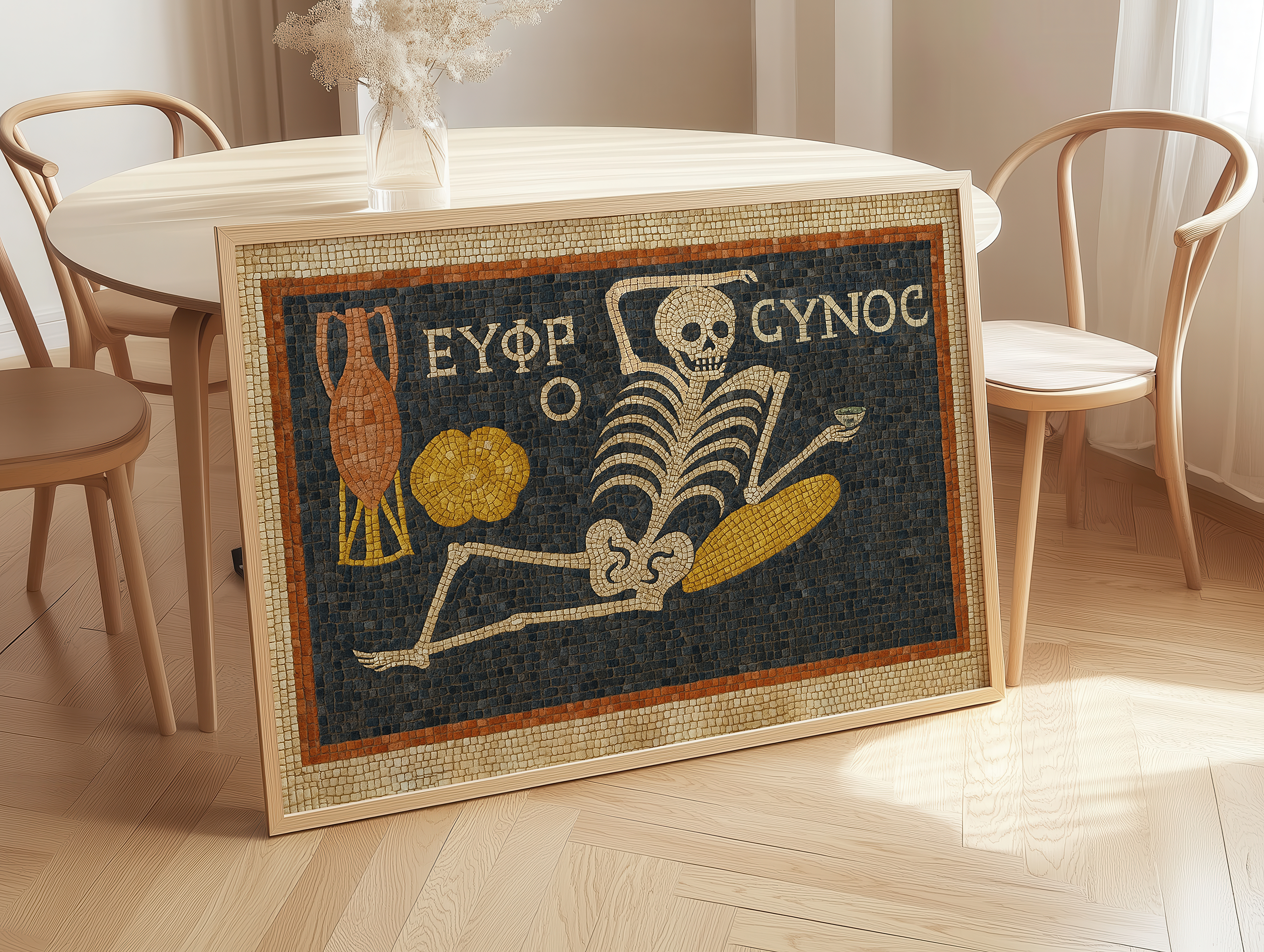 Ancient Roman Mosaic Framed Canvas, Skeleton Wine Wall Art, “Be Cheerful Enjoy Your Life” Decor