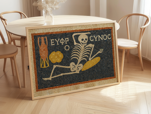 Ancient Roman Mosaic Framed Canvas, Skeleton Wine Wall Art, “Be Cheerful Enjoy Your Life” Decor