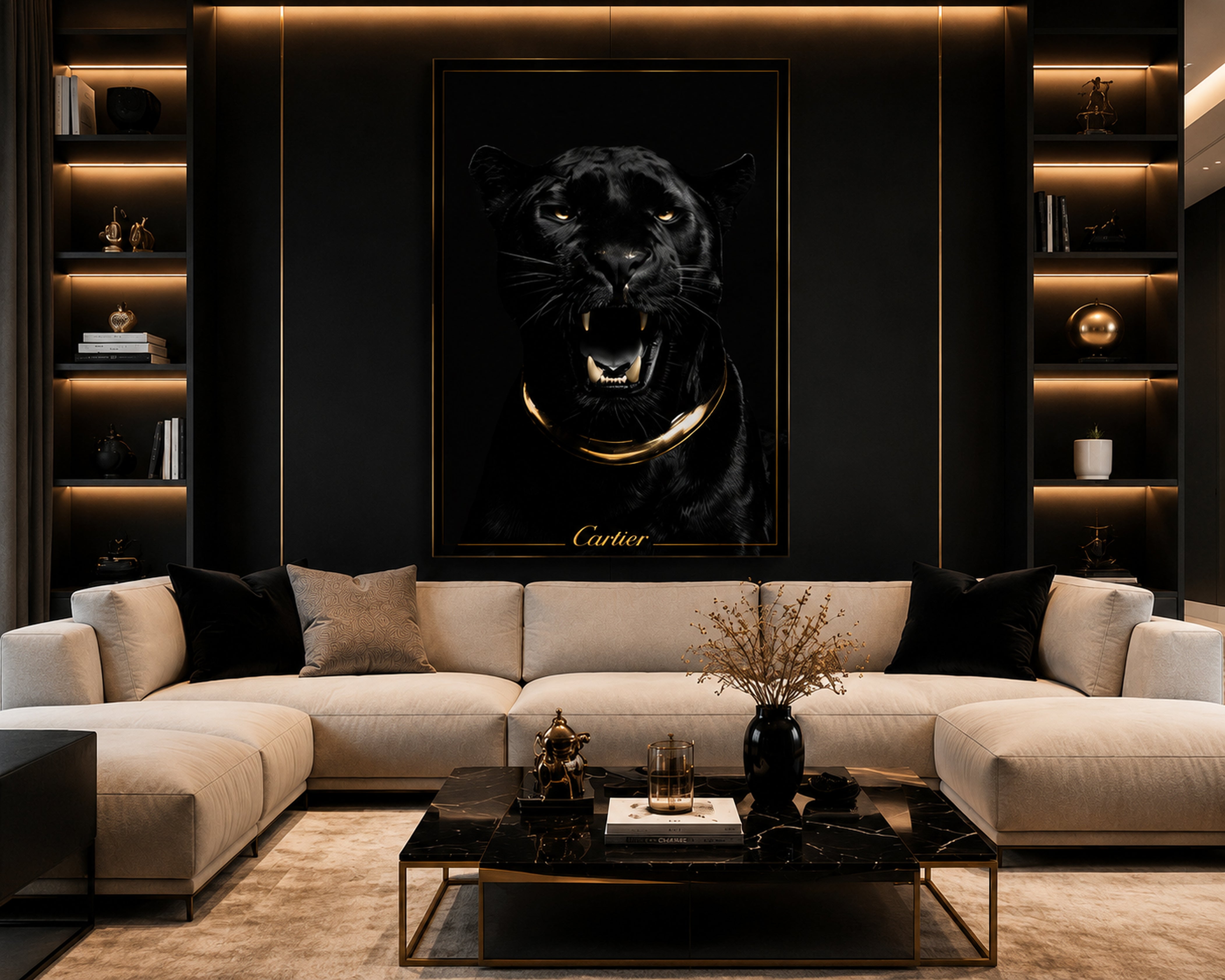 Luxury Black Panther Wall Art, Gold Framed Canvas Print, Cartier Style Decor, Quiet Luxury Animal Artwork, Modern Glam Wall Art