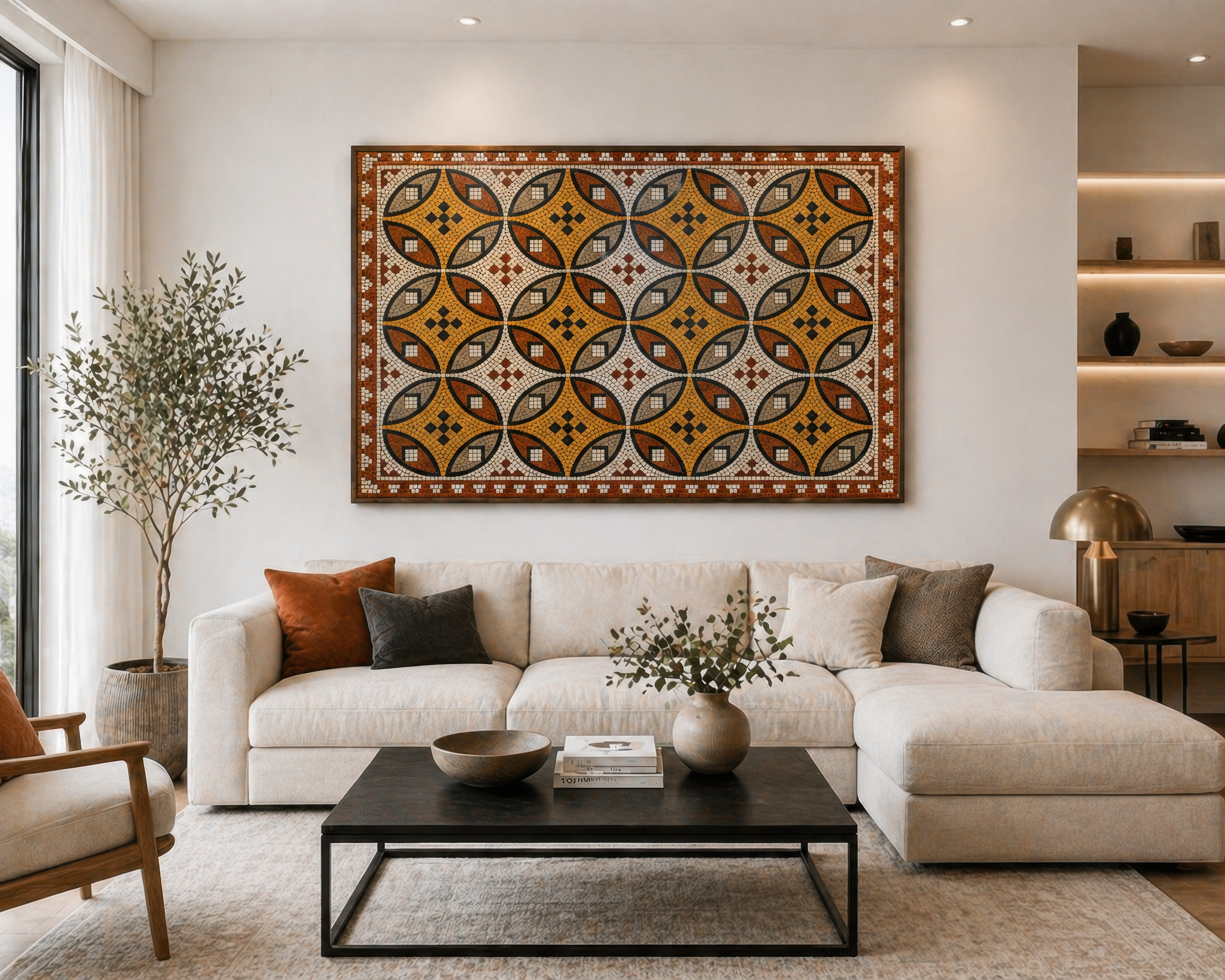 Ancient Roman Mosaic Framed Canvas, Vintage Mosaic Wall Art Framed Canvas, Mediterranean Tile Pattern Print, Terracotta Geometric Wall Decor