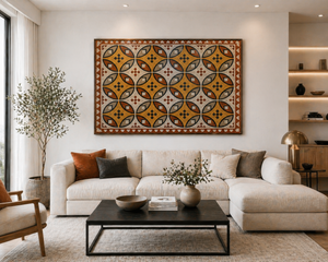 Ancient Roman Mosaic Framed Canvas, Vintage Mosaic Wall Art Framed Canvas, Mediterranean Tile Pattern Print, Terracotta Geometric Wall Decor
