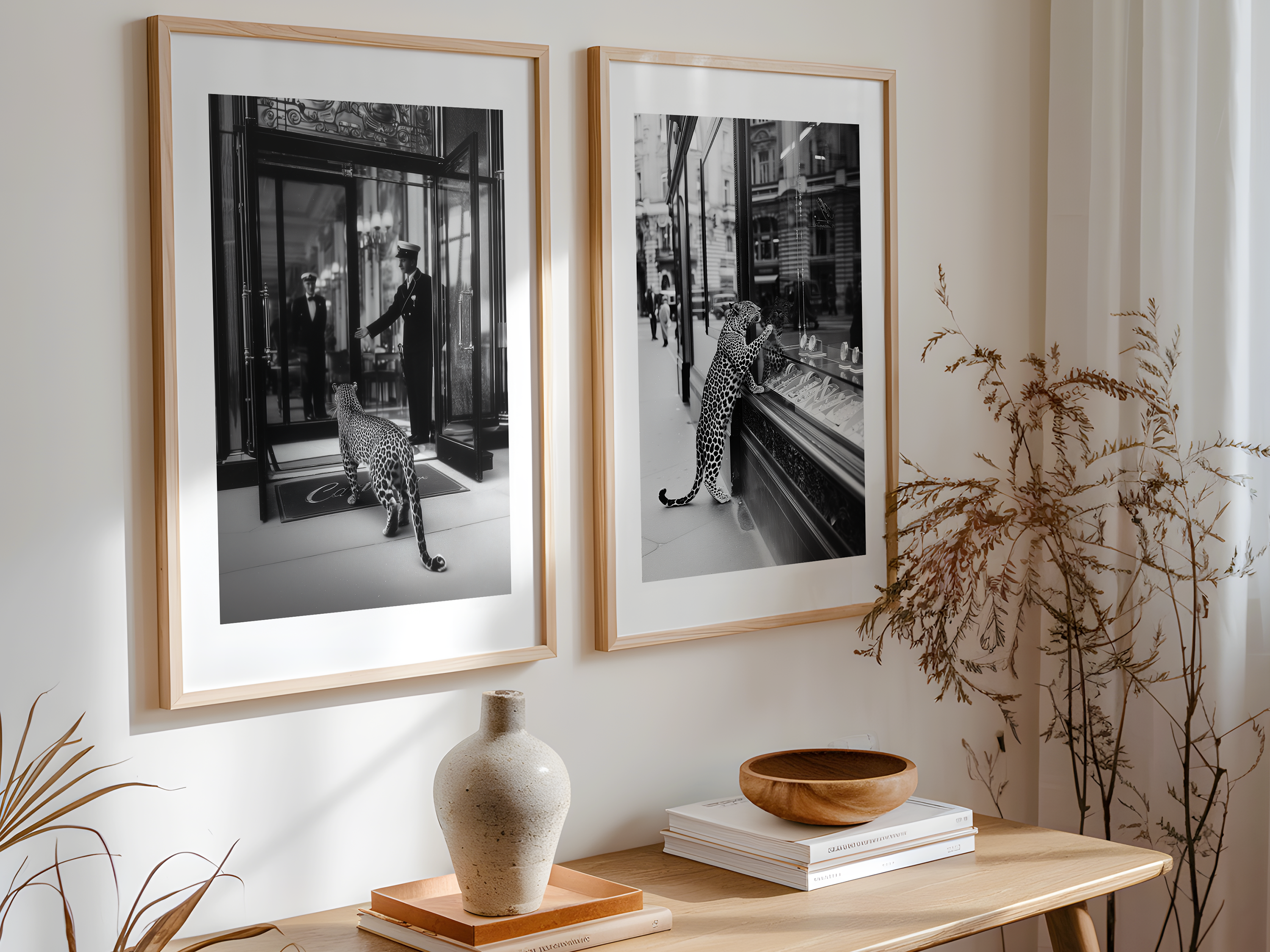 Leopard Wall Art Framed Canvas, Black and White Wildlife Photography, Luxury Fashion Street Decor, Modern Monochrome Home Artwork