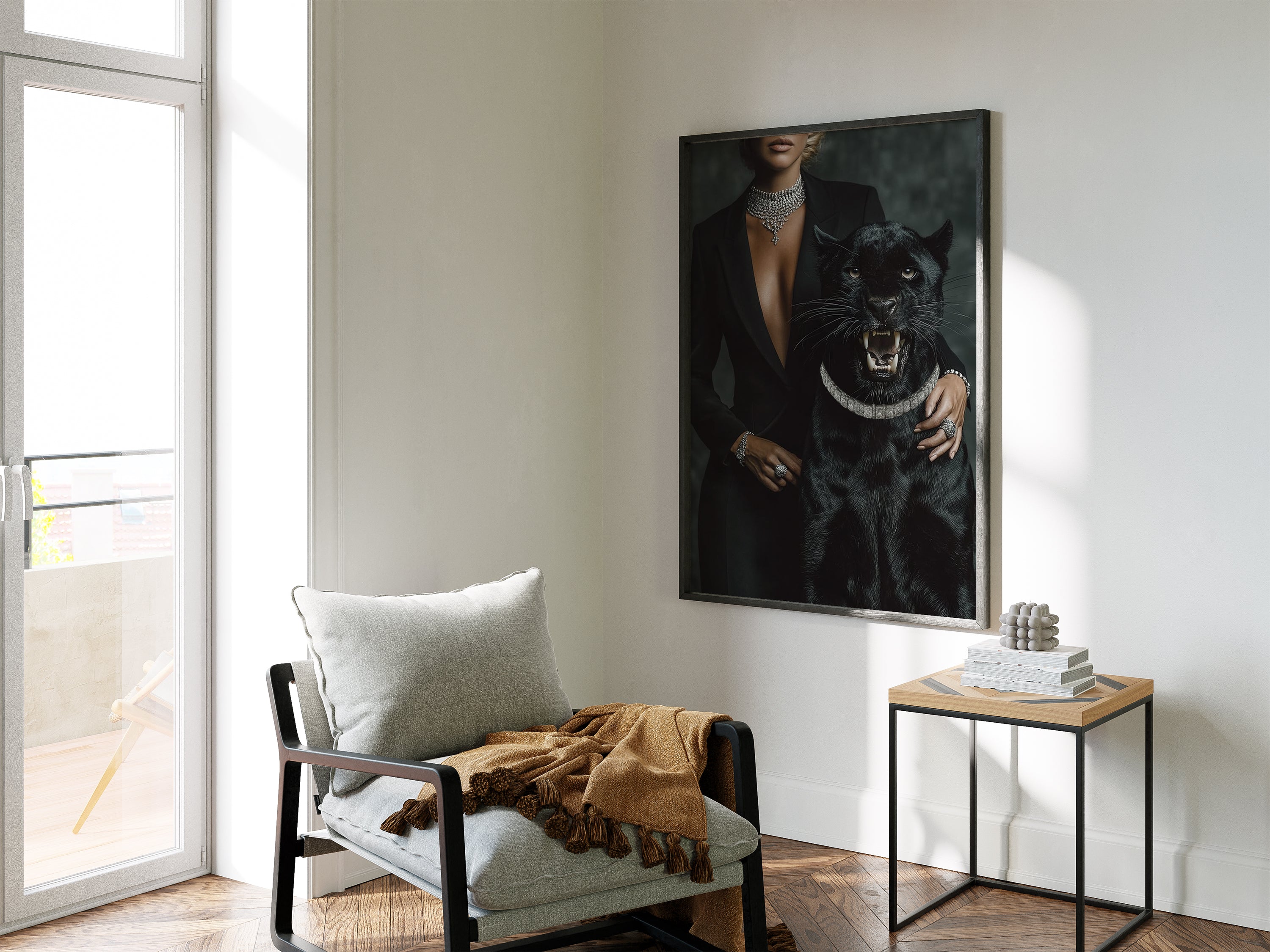 Black Panther Framed Canvas Wall Art, Luxury Fashion Portrait Print, Dark Glam Animal Decor, Modern Statement Artwork
