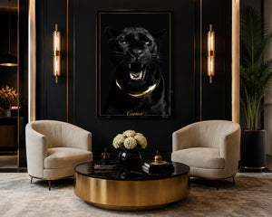 Luxury Black Panther Wall Art, Gold Framed Canvas Print, Cartier Style Decor, Quiet Luxury Animal Artwork, Modern Glam Wall Art