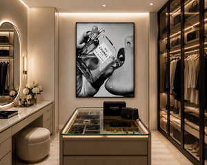 Channel Inspired Luxury Perfume Wall Art Framed Canvas, Black and White Fashion Print, Chic Vanity Bathroom Decor
