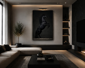 Majestic Black Horse Framed Canvas Wall Art, Rearing Stallion Print, Luxury Equestrian Decor, Dark Horse Artwork