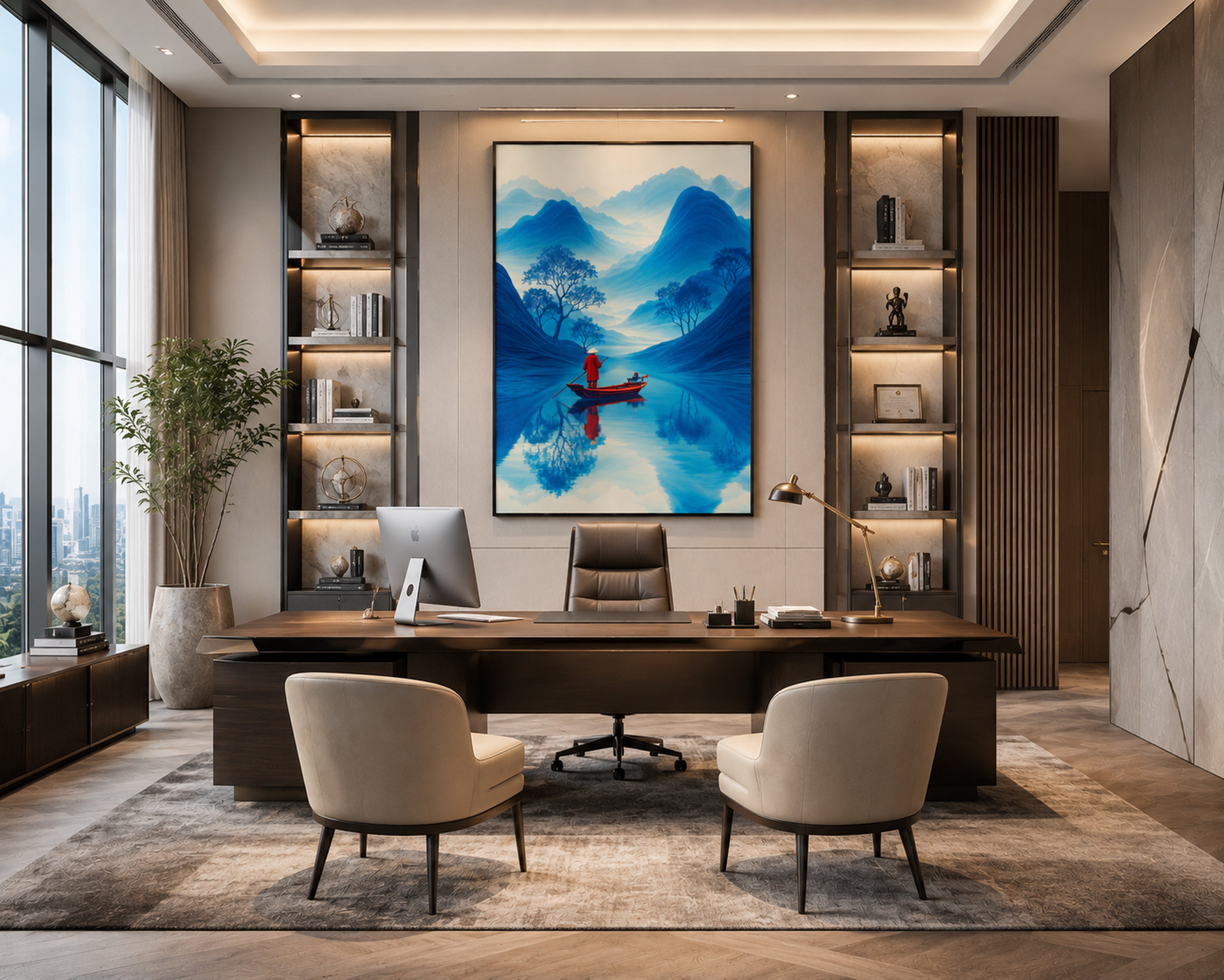 Blue Mountain Canvas Wall Art, Framed Japandi Landscape Print, Red Boat Zen Artwork, Luxury Asian Wall Decor, Modern Living Room Art