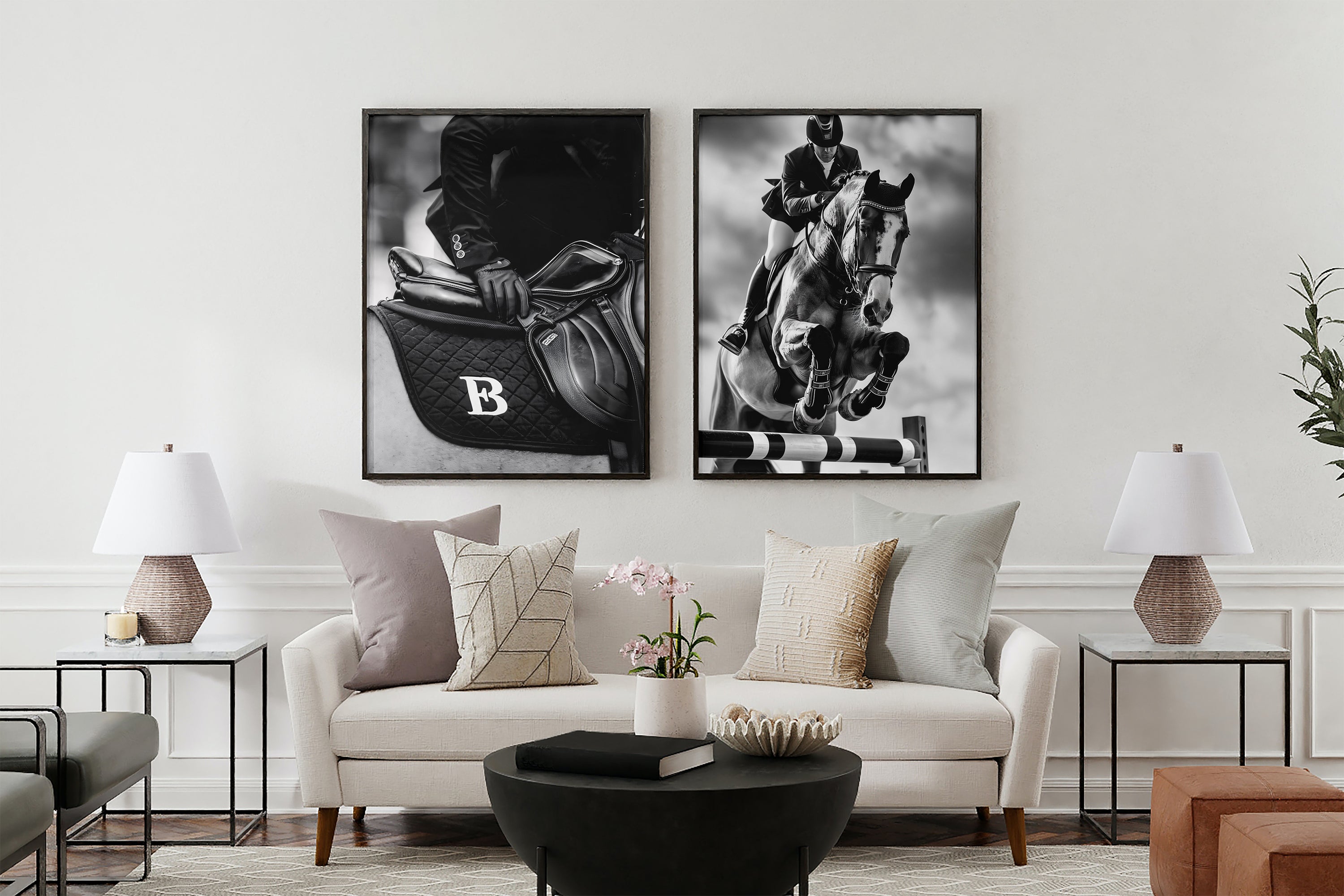 Majestic Horse Equestrian Framed Canvas Wall Art, Black and White Saddle Print, Luxury Horse Riding Decor