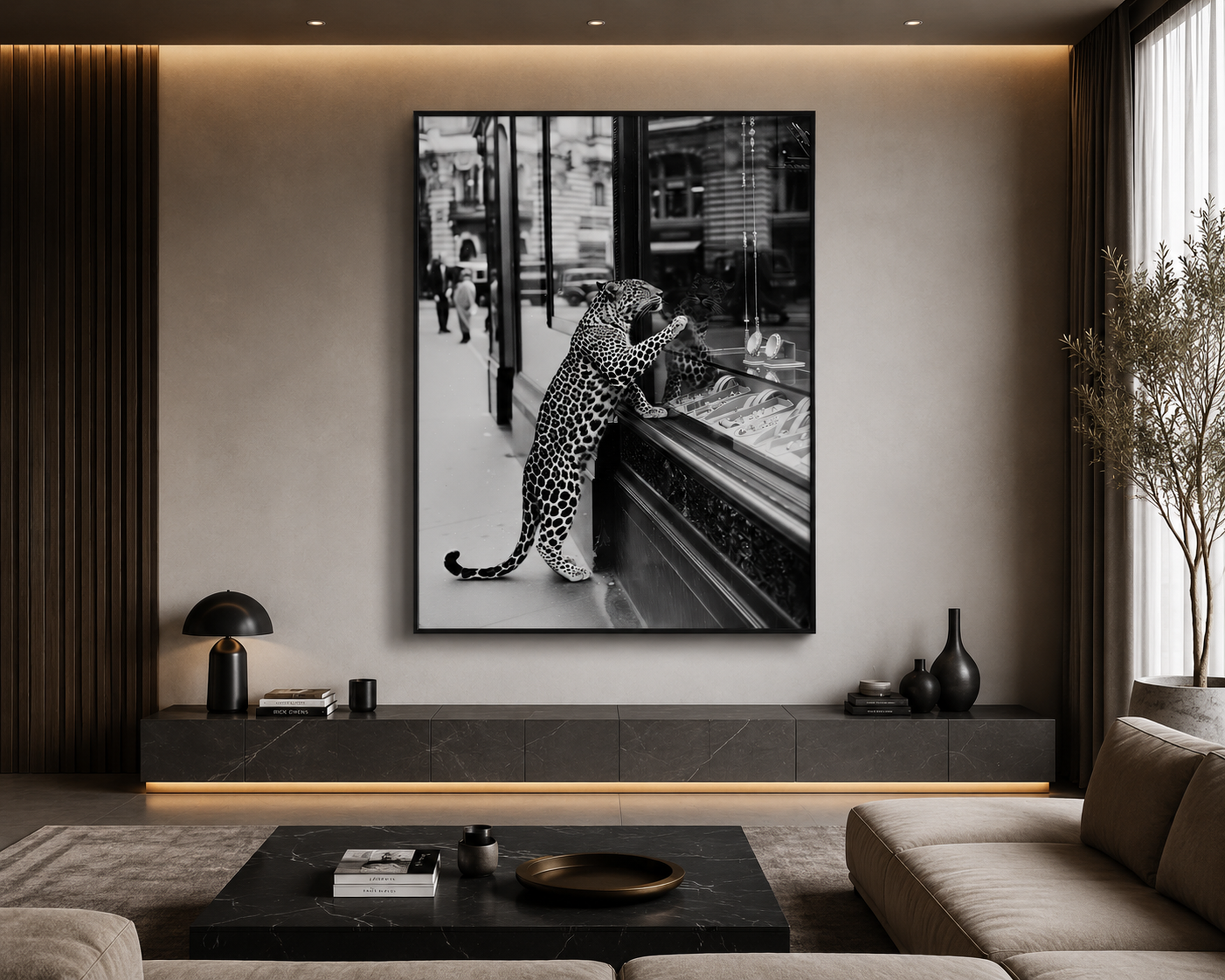 Leopard Wall Art Framed Canvas, Black and White Wildlife Photography, Luxury Fashion Street Decor, Modern Monochrome Home Artwork