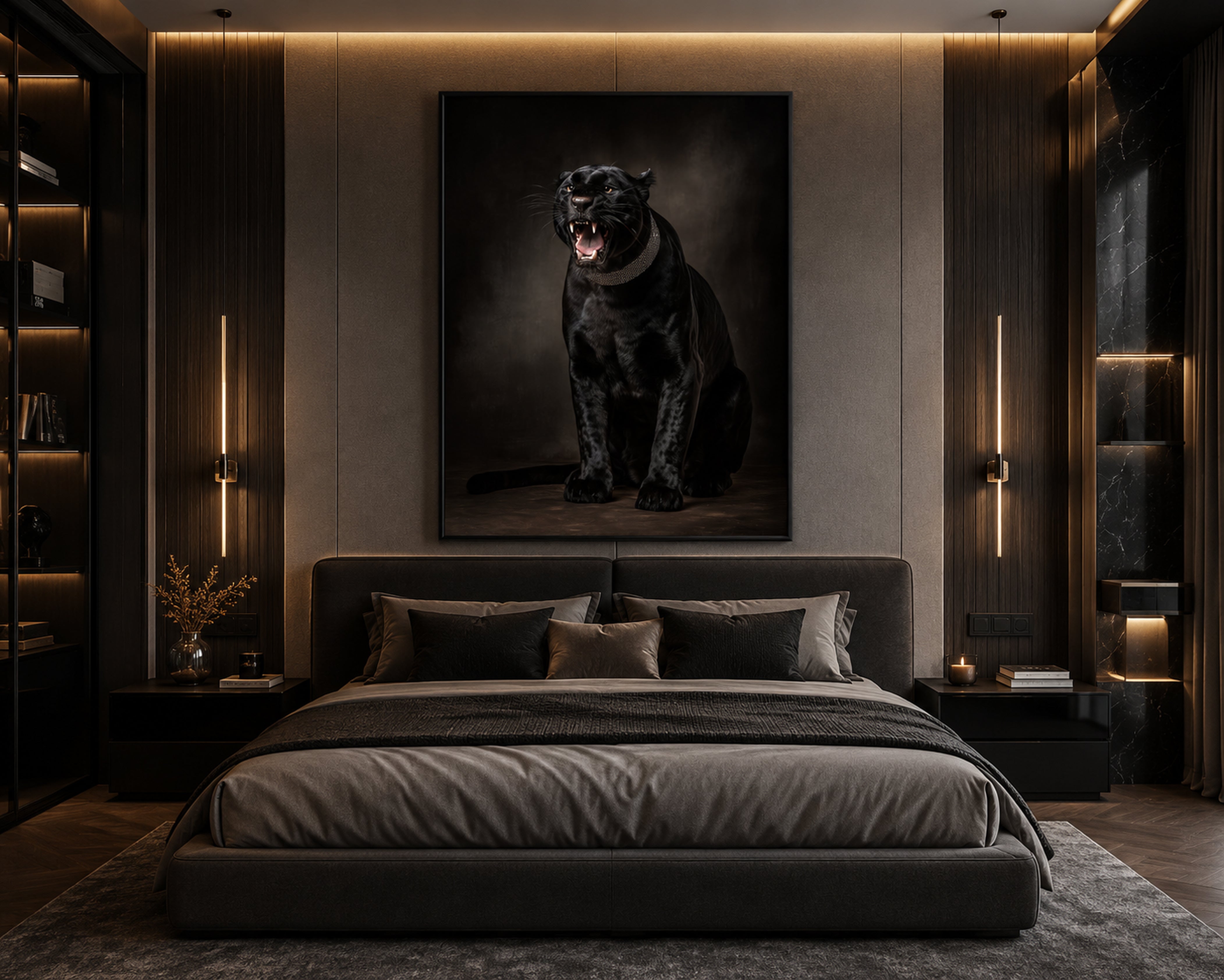 Black Panther Framed Canvas Wall Art, Dark Luxury Wildlife Print, Moody Animal Portrait, Modern Gothic Decor