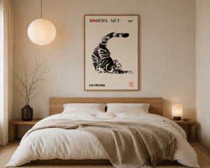 Japanese Cat Framed Canvas Wall Art, Modern Art Cat Print, Minimalist Japan Poster, Funny Cat Lover Decor
