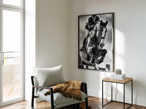 Equestrian Framed Canvas Wall Art, Black and White Horse Jumping Print, Show Jumping Photography, Luxury Horse Decor