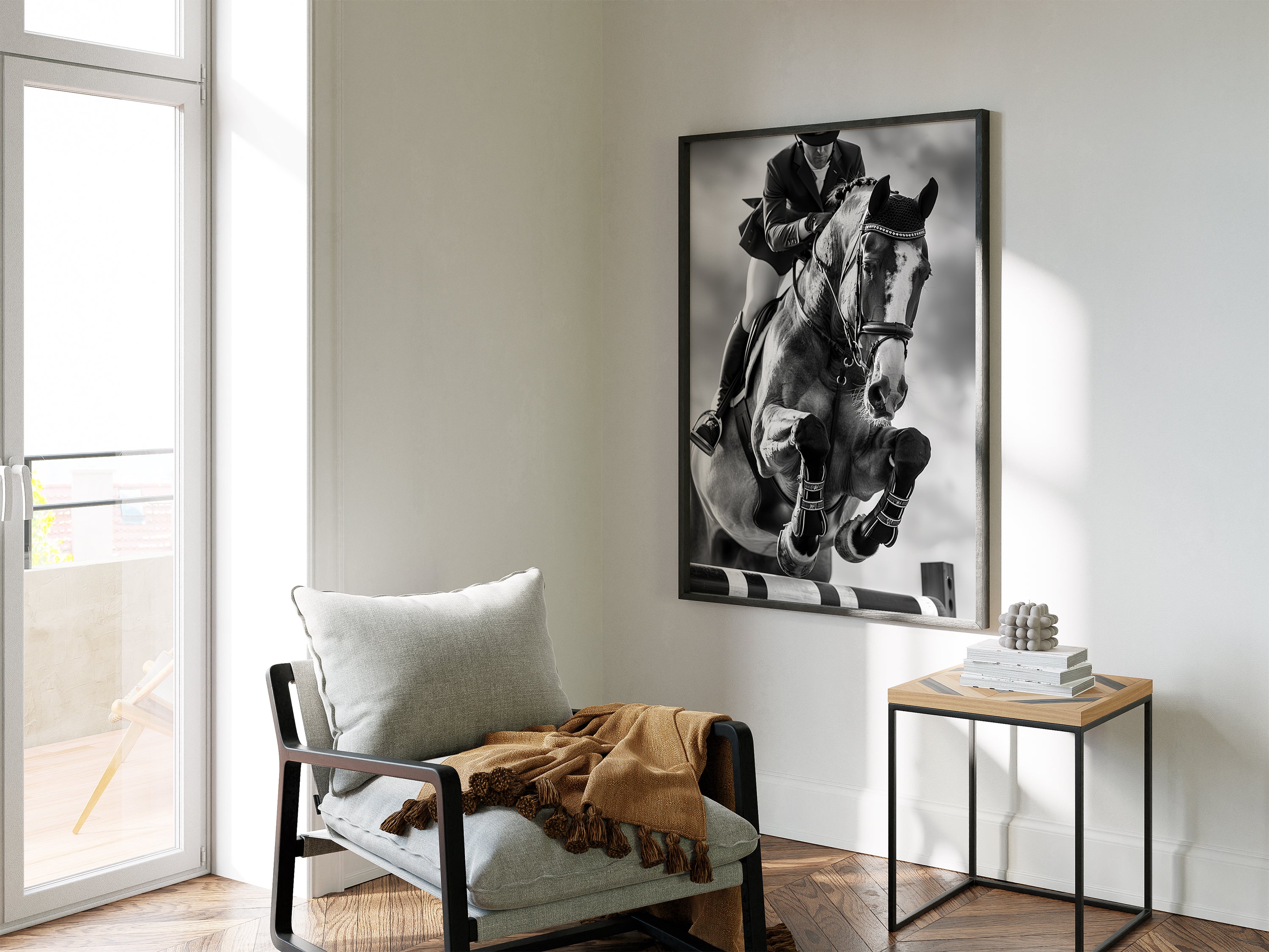 Equestrian Framed Canvas Wall Art, Black and White Horse Jumping Print, Show Jumping Photography, Luxury Horse Decor