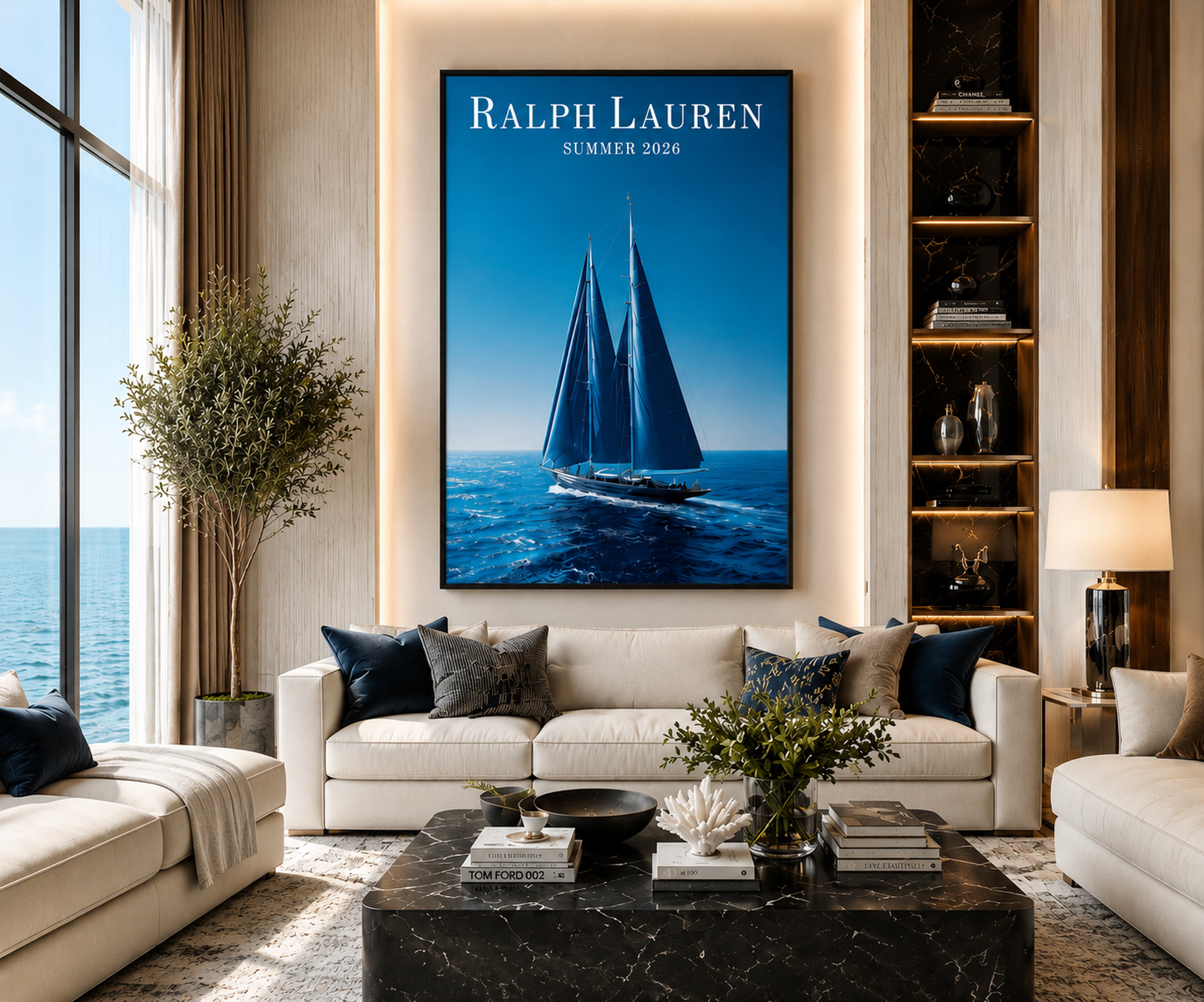 Ralph Lauren Style Sailboat Canvas Wall Art, Luxury Coastal Framed Print, Old Money Nautical Decor, Blue Yacht Poster