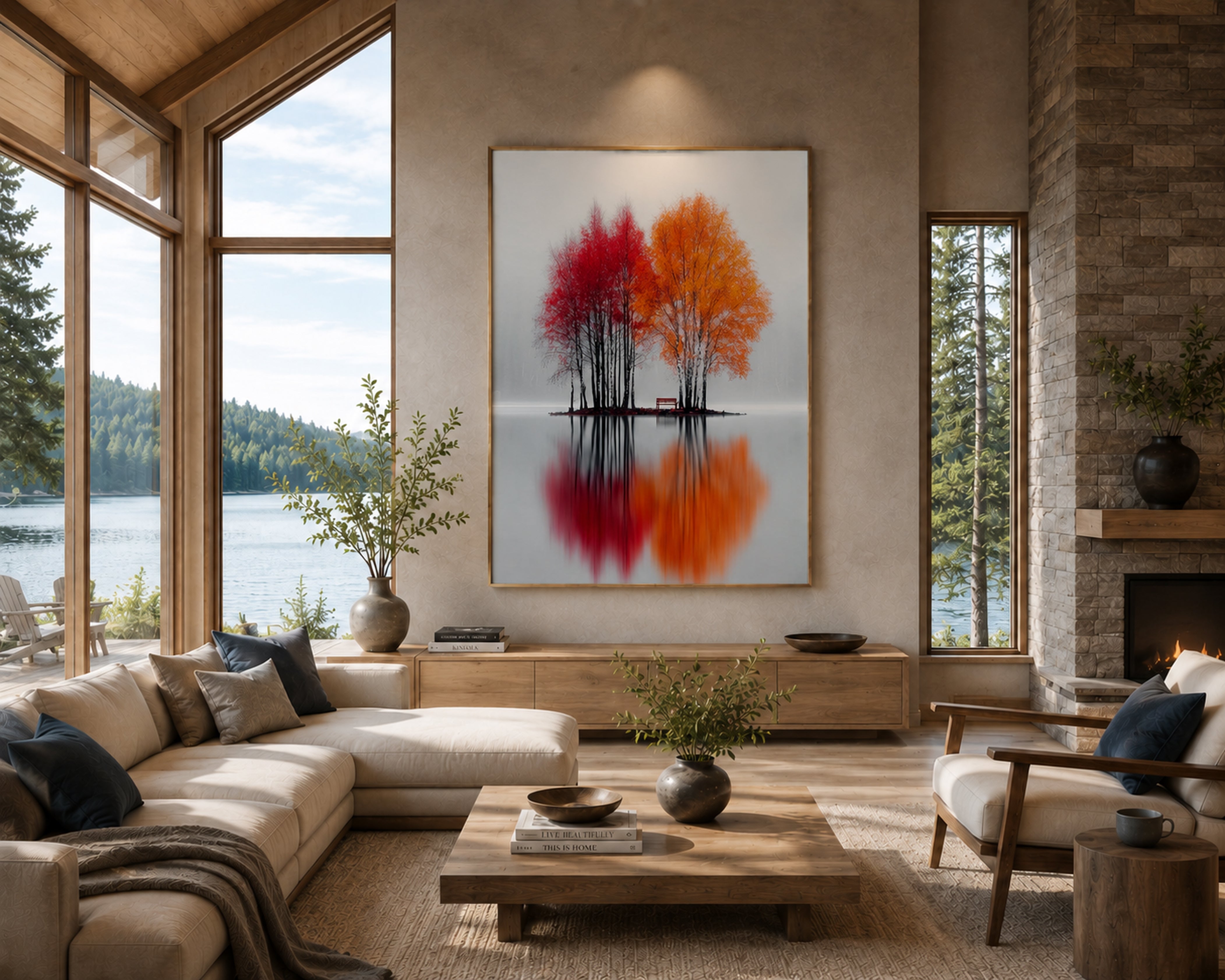 Minimalist Autumn Tree Canvas Wall Art, Framed Nature Print, Foggy Lake Reflection Artwork, Scandinavian Wall Decor, Modern Living Room Canvas