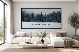 Elk Framed Canvas Wall Art, Winter Forest Wildlife Print, Rustic Lodge Decor