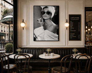 Audrey Hepburn Wall Art Framed Canvas, Black and White Glamour Print, Luxury Fashion Bathroom Decor, Old Hollywood Vanity Art