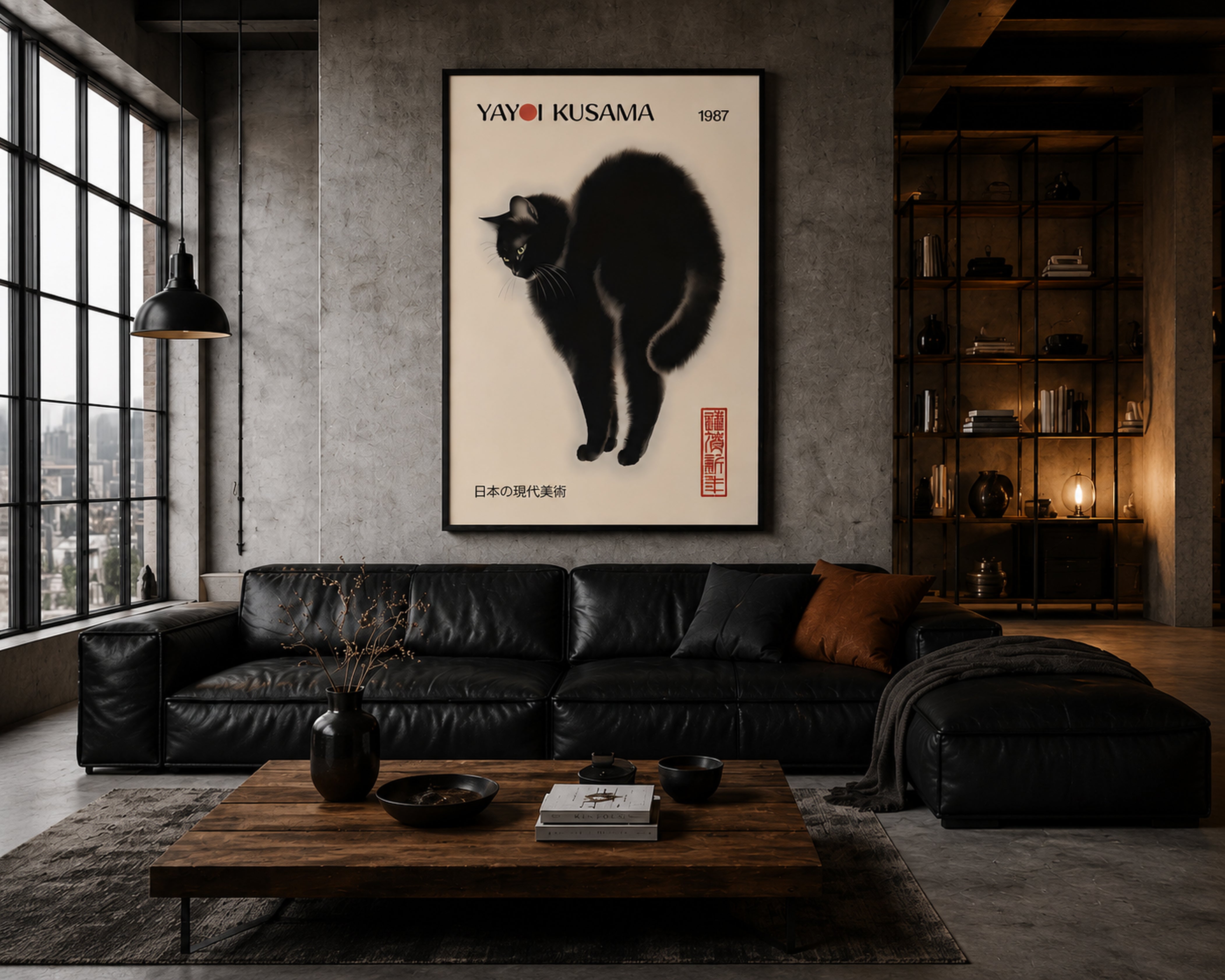 Japanese Black Cat Wall Art Framed Canvas, Luxury Japandi Decor, Contemporary Gallery Print, Minimalist Cat Artwork, Quiet Luxury Home Decor