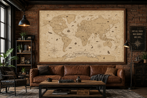 Vintage World Map Framed Canvas, Antique Map Wall Art, Old World Travel Print