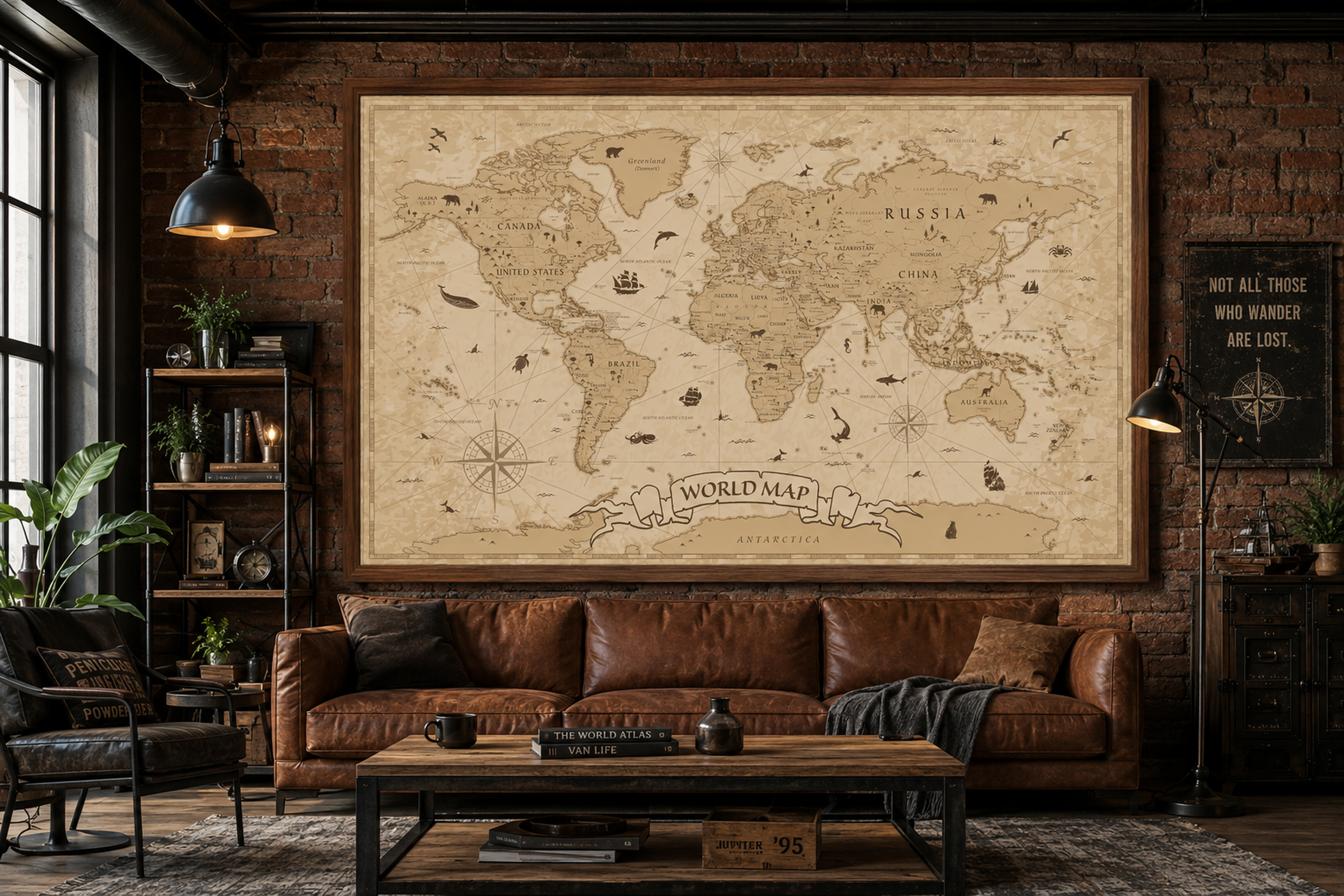 Vintage World Map Framed Canvas, Antique Map Wall Art, Old World Travel Print