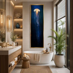 Large Jellyfish Framed Canvas Wall Art, Bioluminescent Ocean Print, Luxury Coastal Decor, Blue Underwater Sea Life Artwork