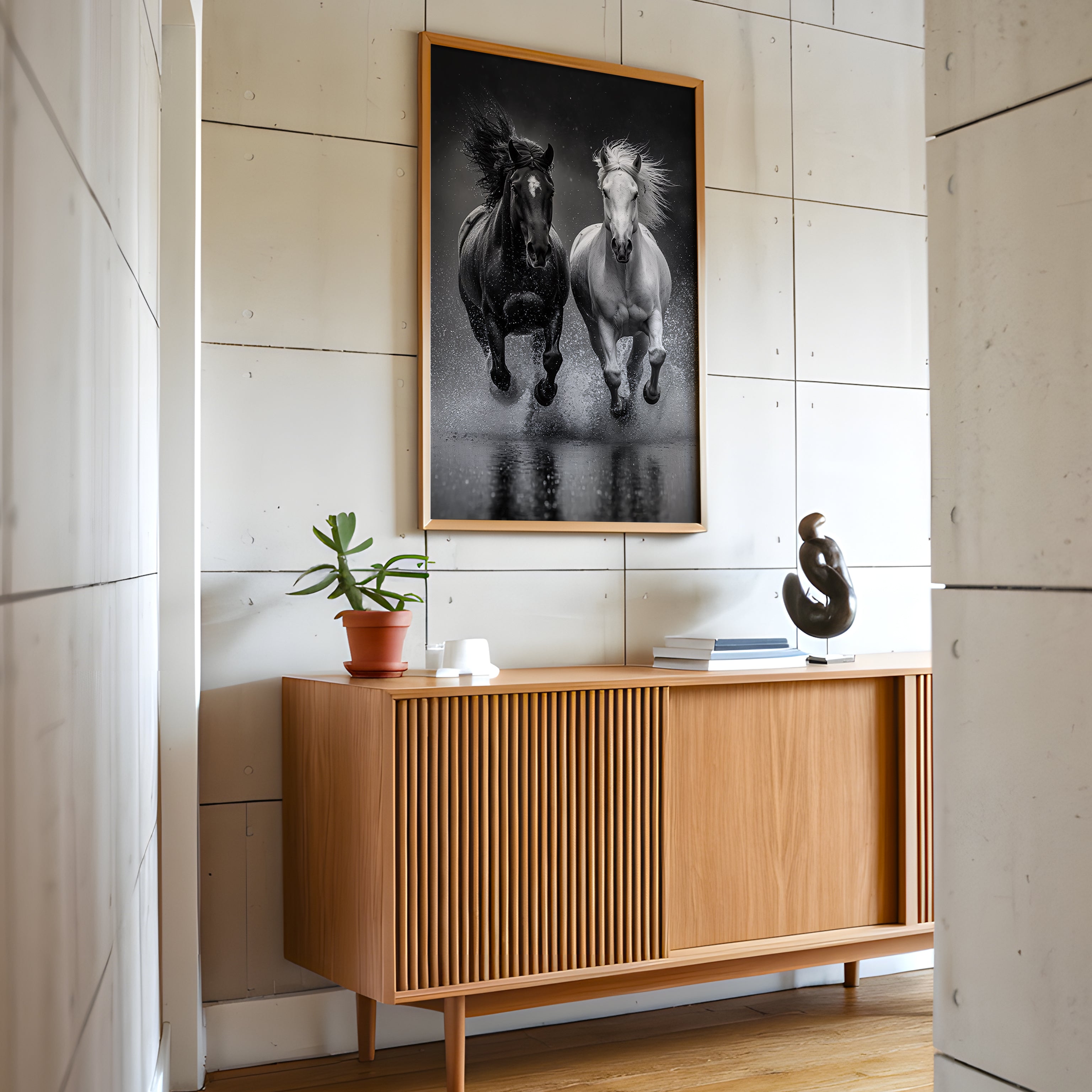 Black and White Horse Framed Canvas, Running Horses Wall Art, Equestrian Photography Print, Modern Western Decor