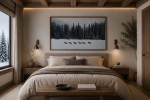Elk Framed Canvas Wall Art, Winter Forest Wildlife Print, Rustic Lodge Decor