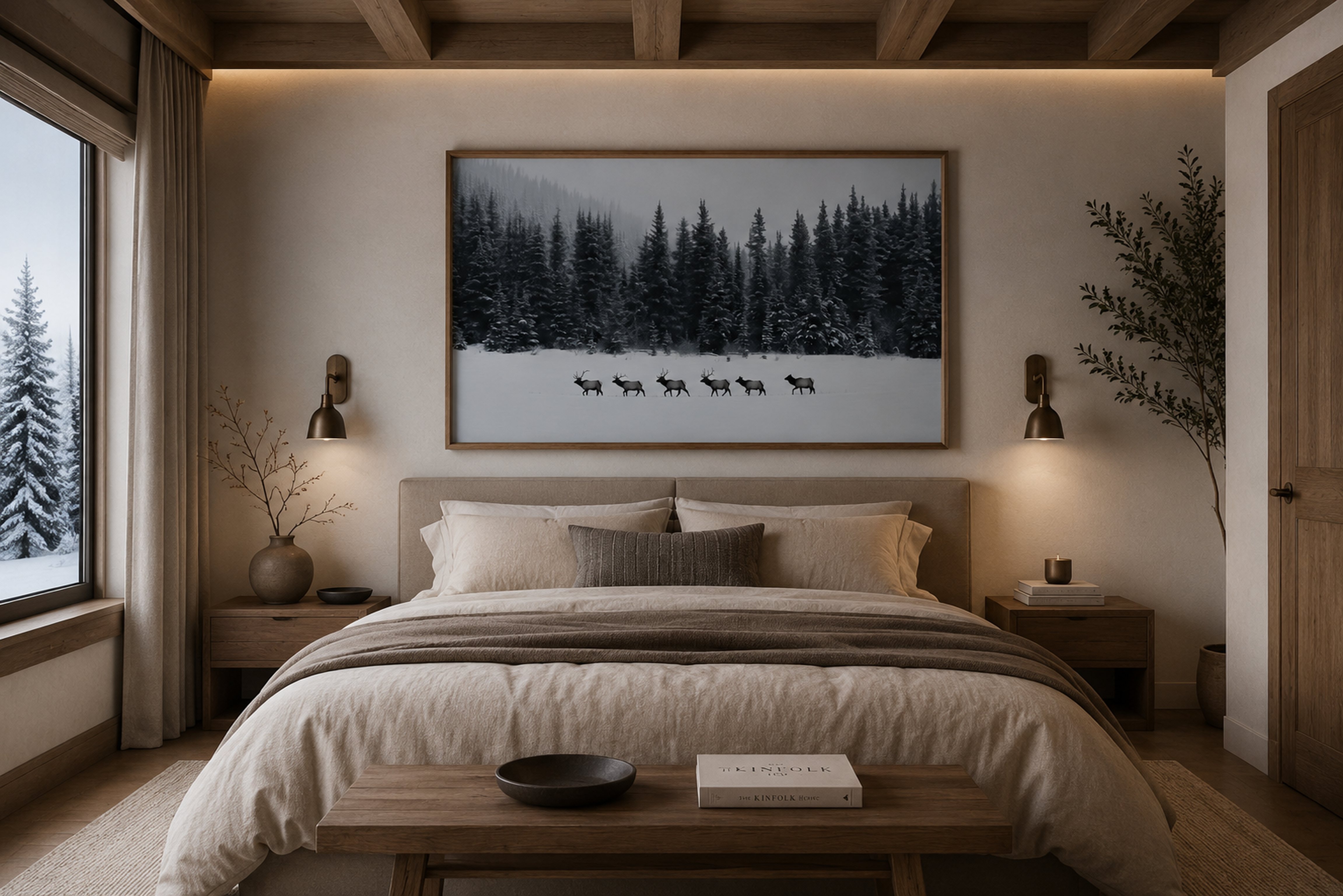 Elk Framed Canvas Wall Art, Winter Forest Wildlife Print, Rustic Lodge Decor