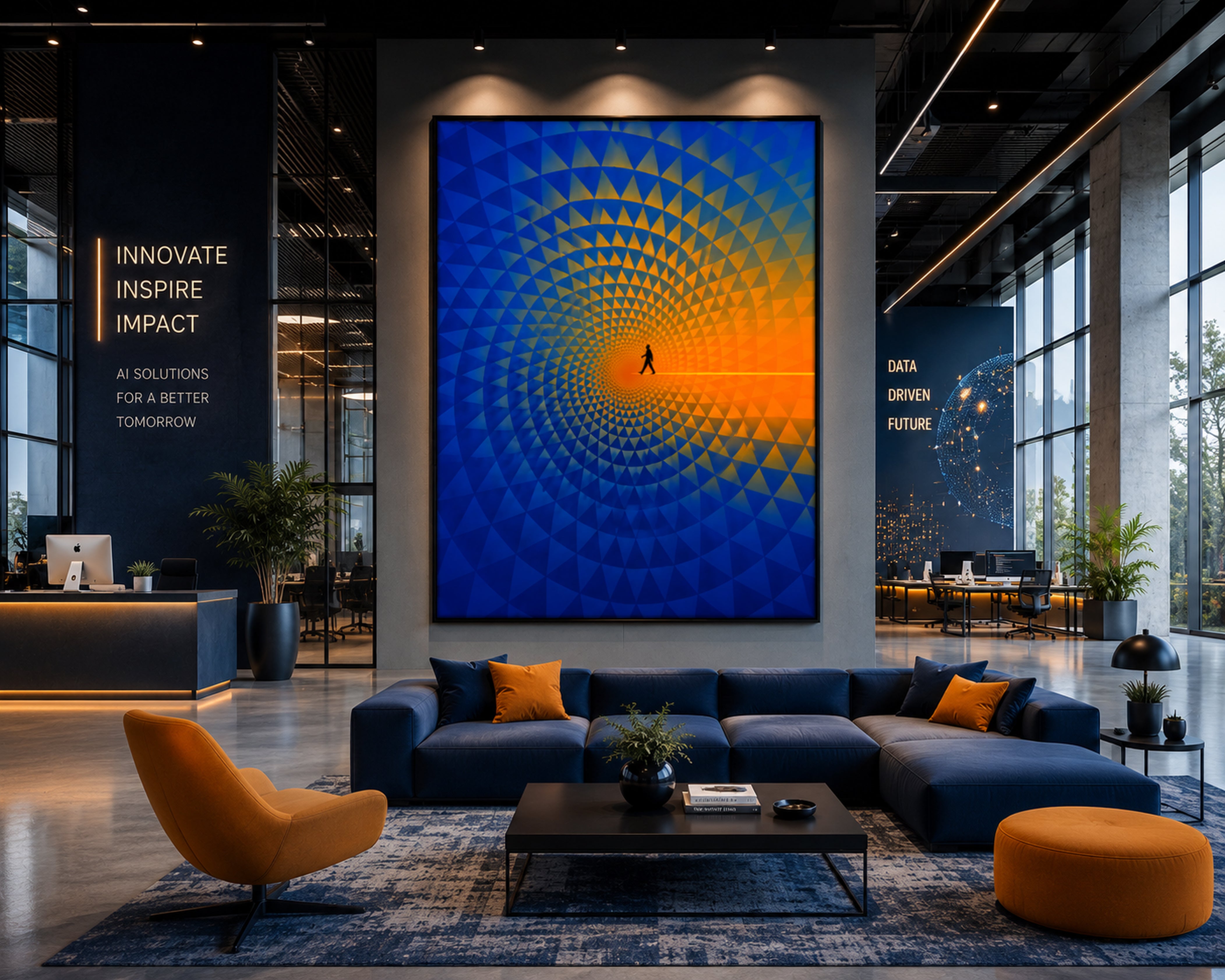 Abstract Geometric Canvas Wall Art, Journey To Success Print, Modern Blue Orange Framed Canvas, Inspirational Office Decor, Large Statement Artwork