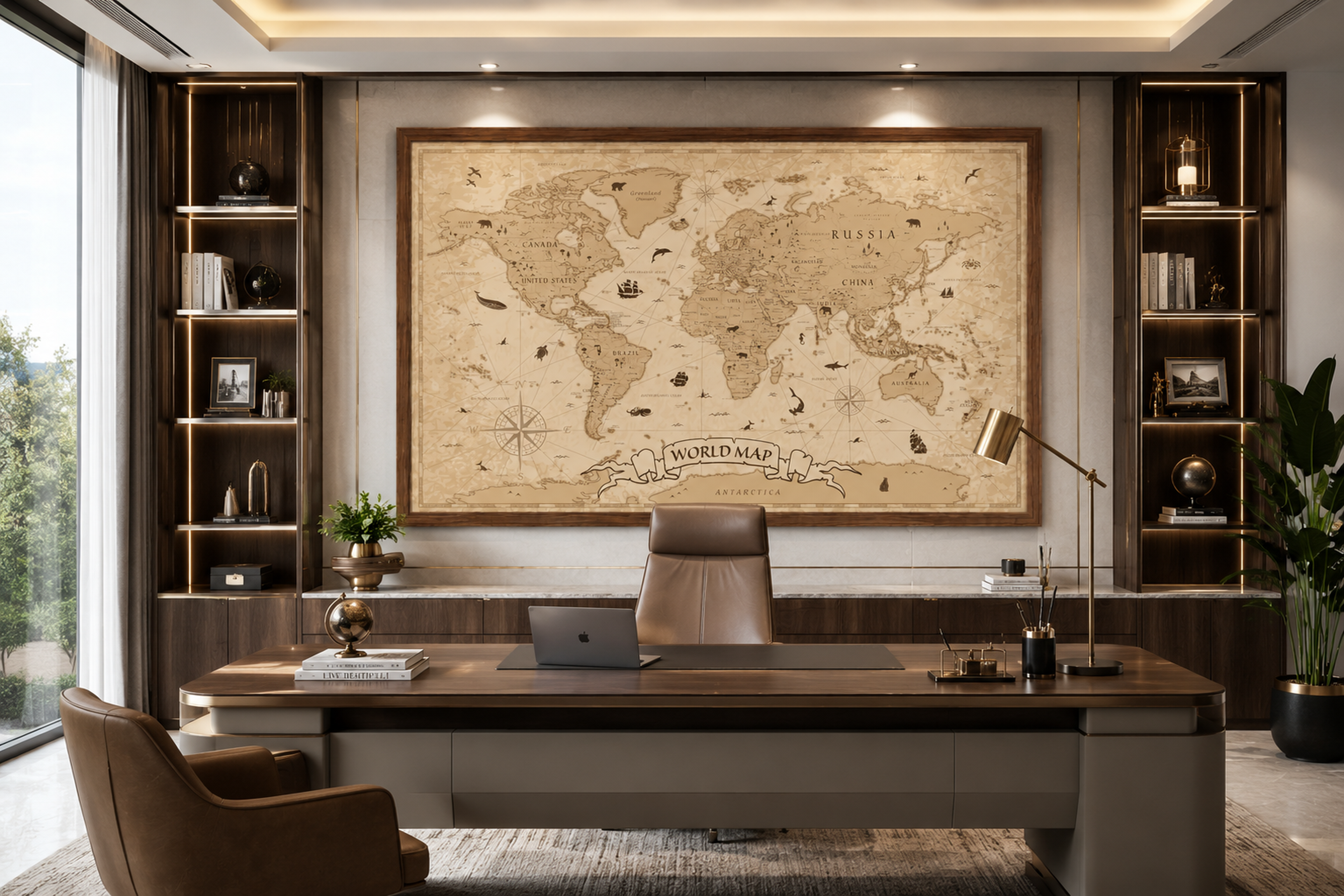 Vintage World Map Framed Canvas, Antique Map Wall Art, Old World Travel Print