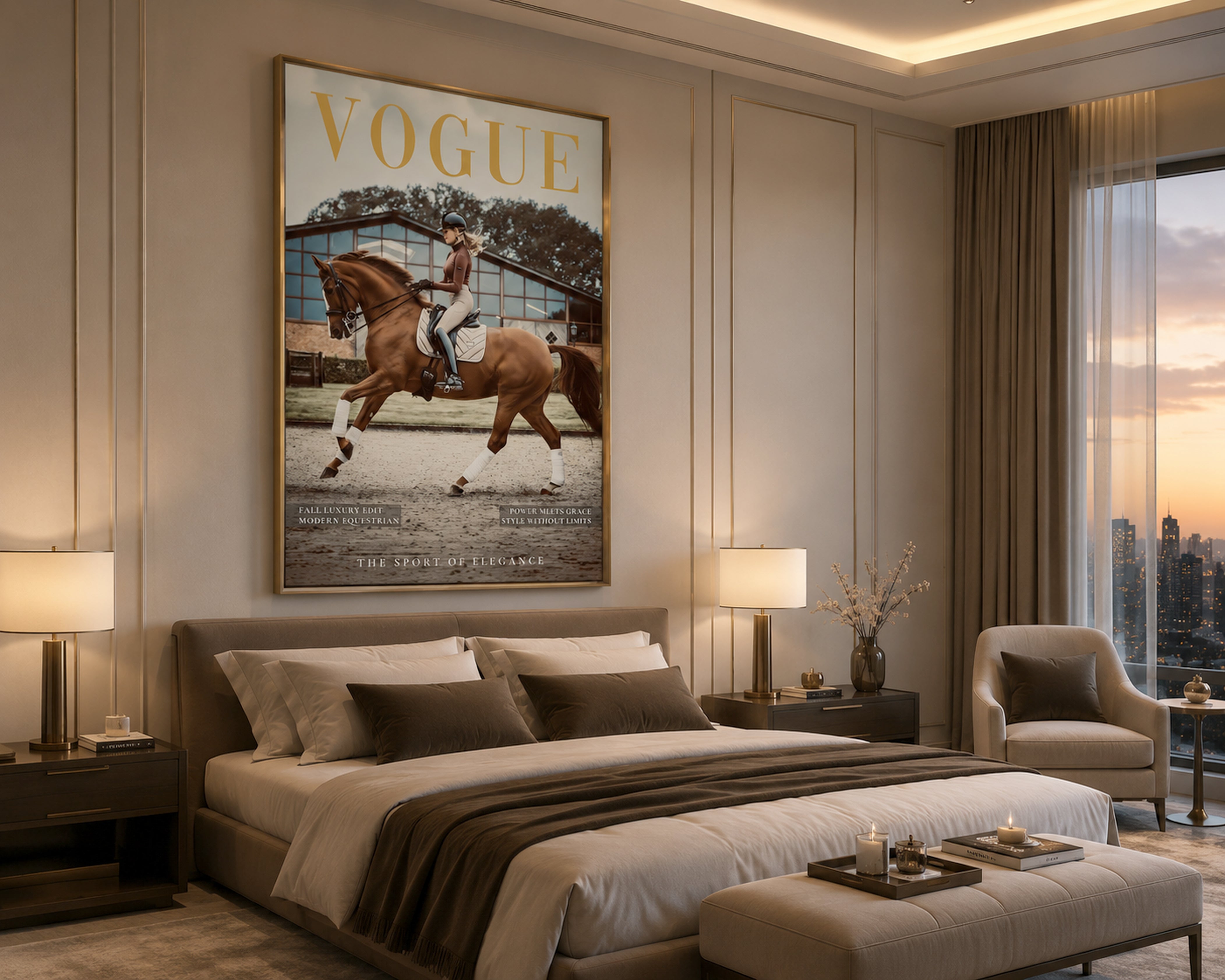 Luxury Equestrian Vogue Wall Art Framed Canvas Print, Horse Rider Poster, Old Money Decor, Ralph Lauren Style, Neutral Luxury Home Decor