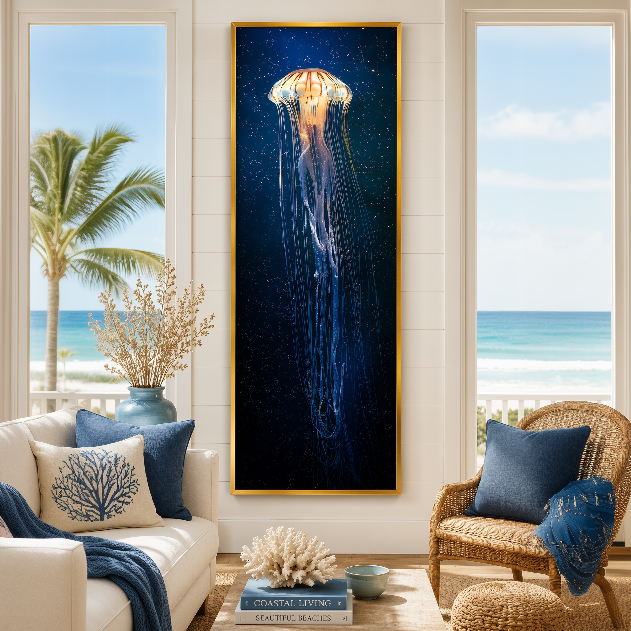 Large Jellyfish Framed Canvas Wall Art, Bioluminescent Ocean Print, Luxury Coastal Decor, Blue Underwater Sea Life Artwork