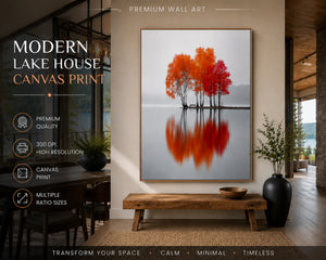Minimalist Autumn Tree Canvas Wall Art, Framed Nature Print, Foggy Lake Reflection Artwork, Scandinavian Wall Decor, Modern Living Room Canvas