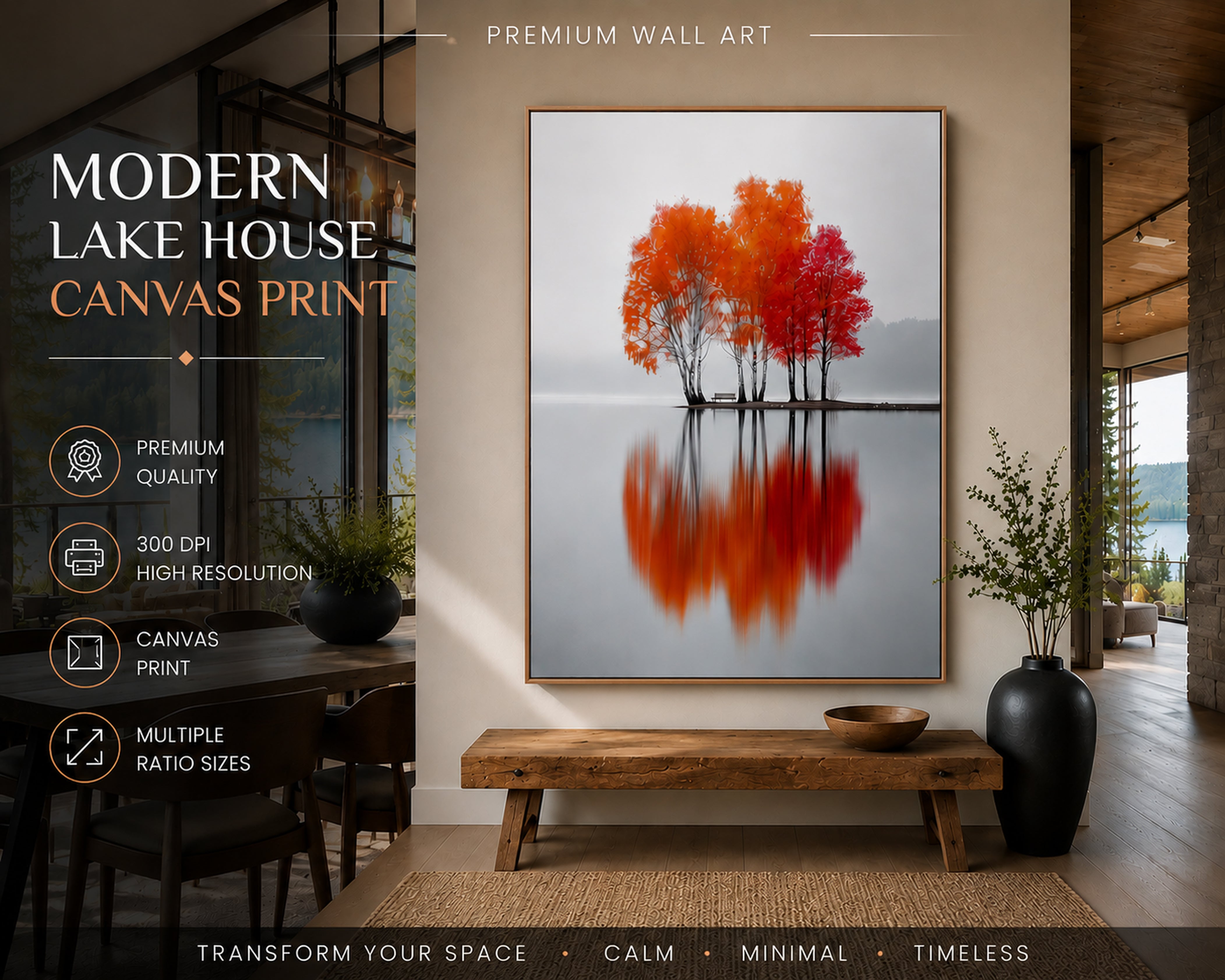 Minimalist Autumn Tree Canvas Wall Art, Framed Nature Print, Foggy Lake Reflection Artwork, Scandinavian Wall Decor, Modern Living Room Canvas